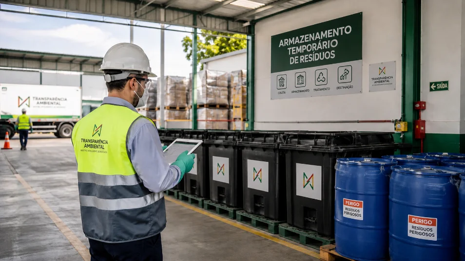 Tambores e bombonas rotulados na área de armazenamento do gerador