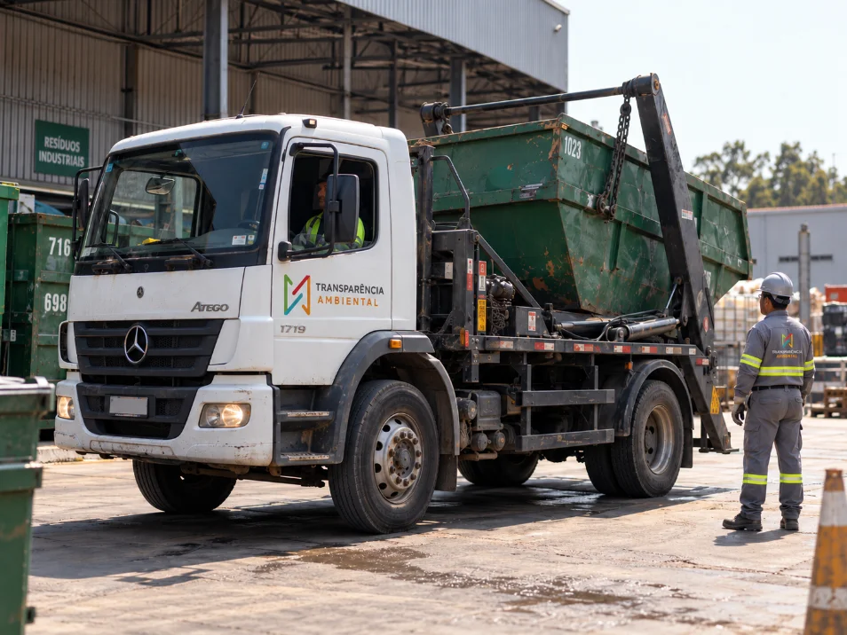 Caçamba de recicláveis e big bag em pátio industrial