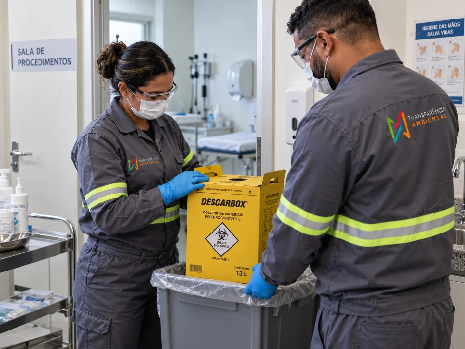 Equipe com EPI recolhendo caixa de perfurocortante em clínica